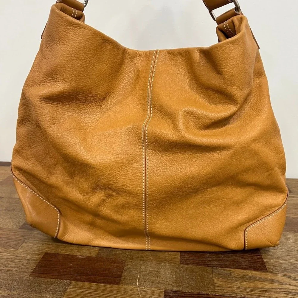 Talbots Tan Pebbled Leather Slouchy Shoulder Hobo Bag Adjustable Boho Oversized